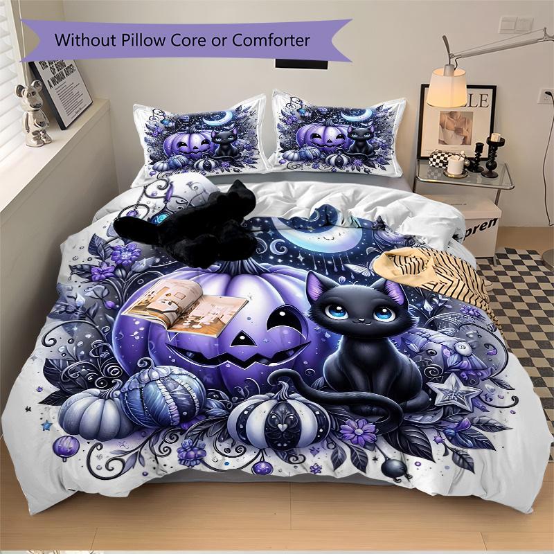3pcs Happy Pumpkin & Cat Print Bedding Set (1 Cover + 2 Pillowcases, Without Inserts), This Printed Bedding Set is Soft and Comfortable, Sui