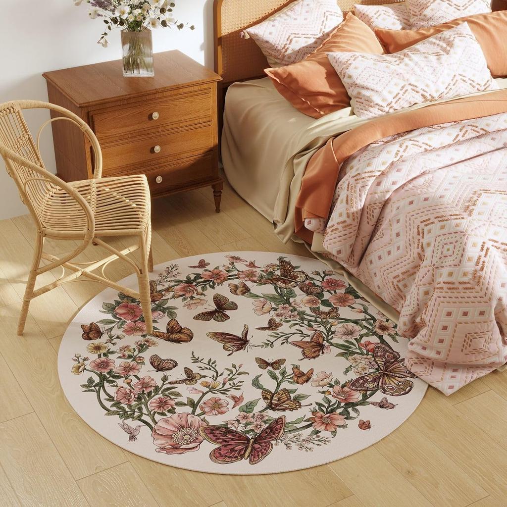 Round Rug Washable Circle Rug Non Slip Low Pile Boho Floral Butterfly Small Circular Rug for Bedroom Bathroom Entryway Kids Room