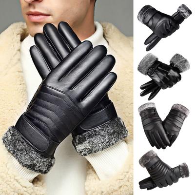 1 Pair Men Faux Leather Gloves Waterproof Windproof Touchscreen Fleece-Lined Outdoor Cycling Gloves Winter Cold Weather Warm Thick Thermal Gloves