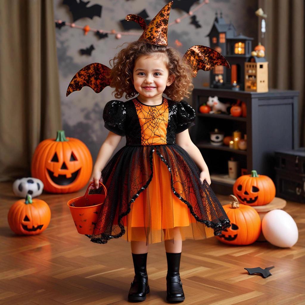 Europäisch-amerikanisches Halloween-Festivalkleid für Mädchen mit Pailletten-Patchwork im Spinnennetz-Design