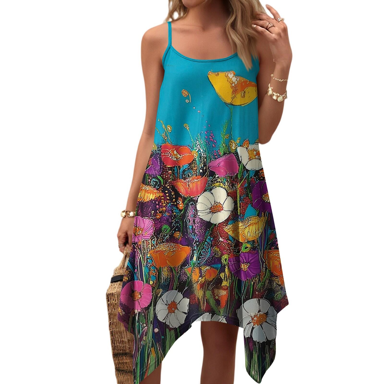 

Женское летнее повседневное винтажное платье с цветочным принтом, круглым вырезом, регулируемыми подтяжками и карманами S