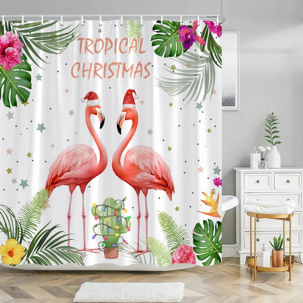 Funny Christmas Animals Shower Curtain Cute Puppy Dinosaur With Christmas Hat Flamingo Fabric Home Bath Curtains Bathroom Decor