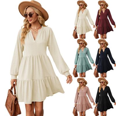 2024 European And American Autumn And Winter New Solid Color V-Neck Loose Pleated Patchwork Long Sleeved Dress For Women