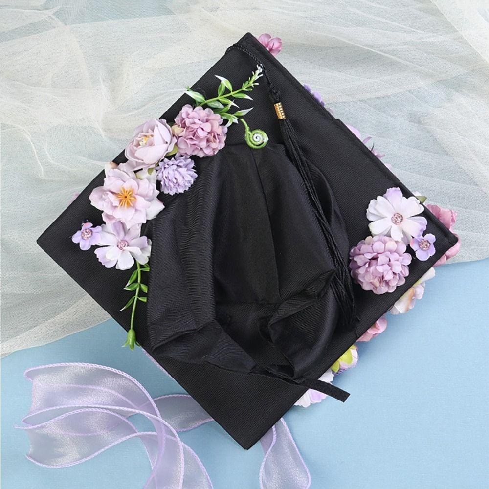 Bachelor Academic Hat with Tassels Doctor Mortar Board Flowers Graduation Cap Graduation Party