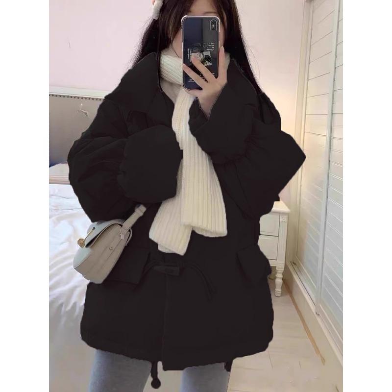 

Корейское хлопковое пальто-пуховик женское короткое новое корейское свободное хлопковое пальто с роговыми пуговицами пальто-хлеб XXXL чёрный