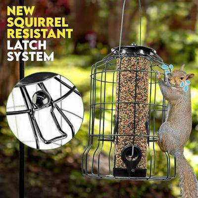 Squirrel Proof Caged Birds Feeder for Outdoor Hanging Metal Cage Seeds Tube Wild Birds Feeder with 4 Ports for Small Birds Goldfinches Chickadees