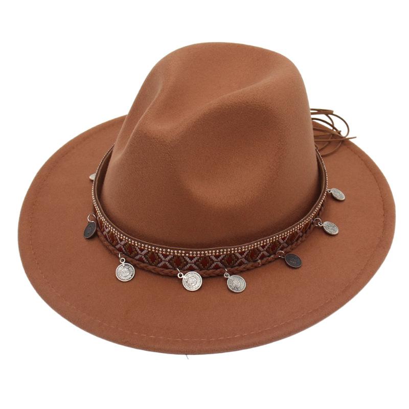 Ethnic Topper Hat Imitation Silver Accessories Felt Hat Jazz Hat Big Brim Stage Performance Hat