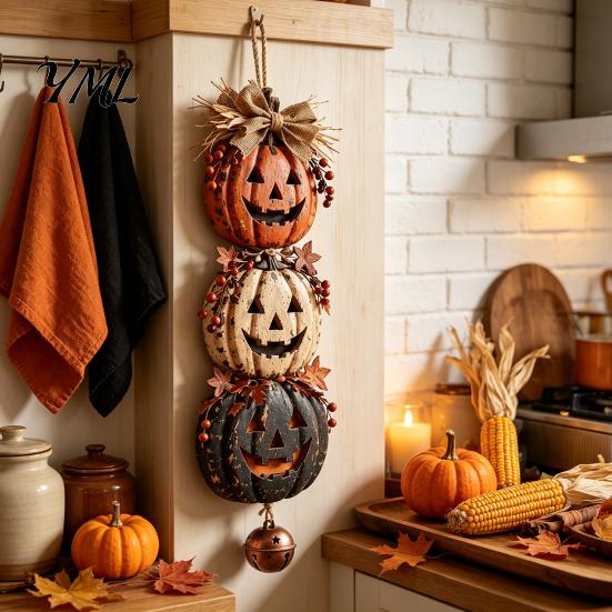 Autumn Harvest Wall Decorations Halloween Stacked Pumpkin Door Hanger, Vintage Jack?O?Lantern Hanging Ornament, Party Front Sign Rustic Fall Decor