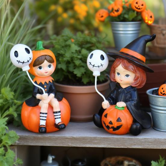 2Pcs Pumpkin Witch Figurines Witch Holding Skull Balloon Ornament Cartoon Witch Statues for Halloween Miniature Scene Props