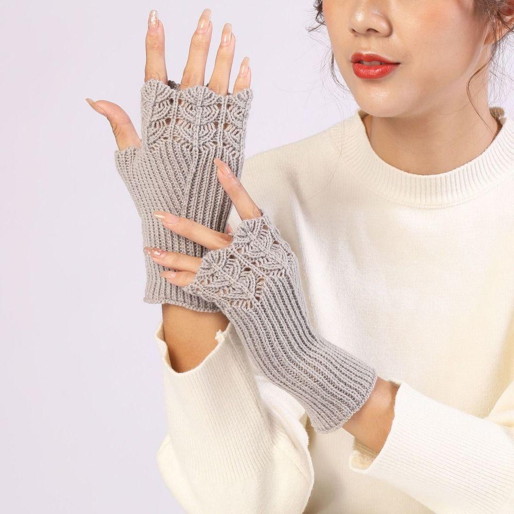 Vintage Winter Wool Gloves Half Finger Crochet Flower Mittens All-Match Fingerless Gloves Winter