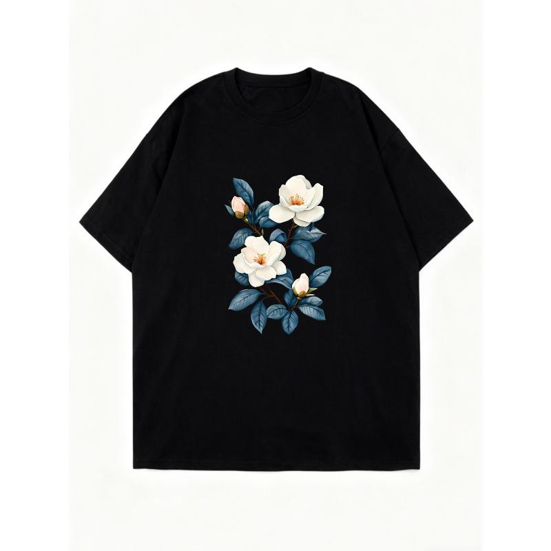 Oversized T Shirt Dress Black Magnolia Flower Print Casual Wear