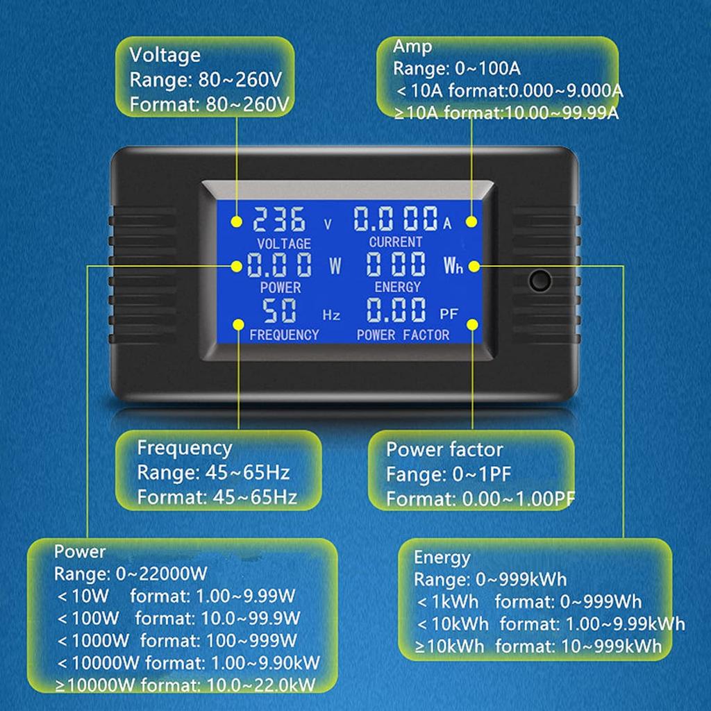 YOJOCK AC 100A Digital Multifunction Energy Meter with Blue Backlight and Watt Meter 6-in-1 Voltmeter/Ammeter, Meter, Power/Electric Display, 80-260V