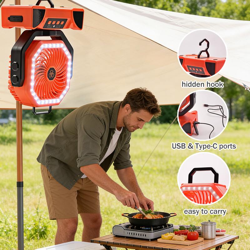 20000mAh rechargeable remote control camping fan | portable outdoor tent fan with hook and light
