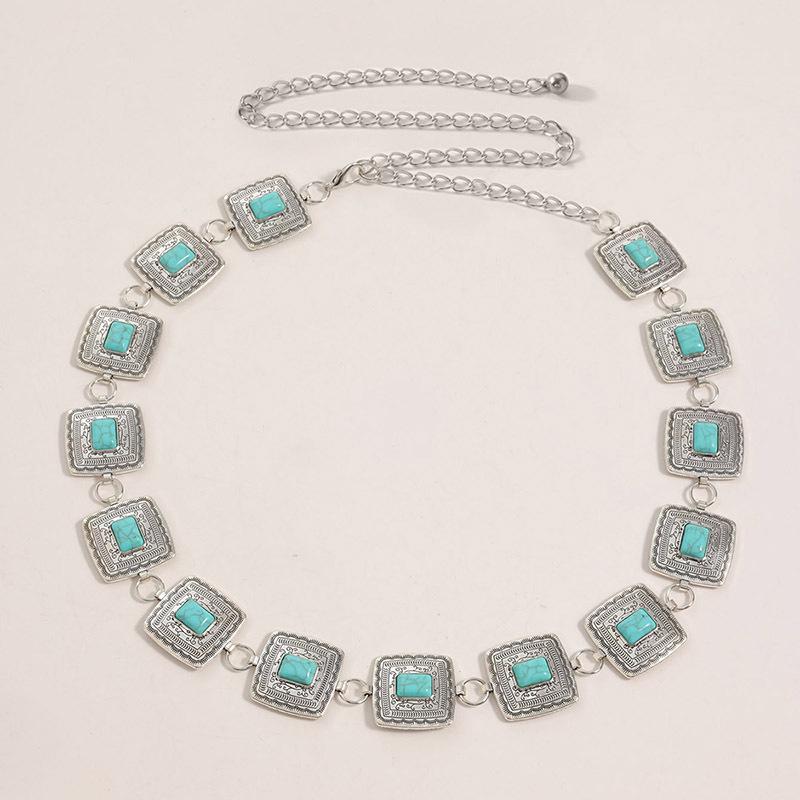 

Бохо Стиль Цепочка на талию Бирюзовый Металлический Узор Квадратная Цепочка на талию Красивая Ретро Литературная Женская Цепочка на талию