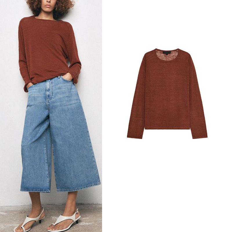 Spring New Women's Clothing Linen Blended Minimalist round Neck Long Sleeves Base Knitwear Tops 2893030