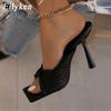 Summer Pleated Orange Women Slipper Fashion Slides Ladies Elegant Thin High Heel Square Toe Sandals Shoes