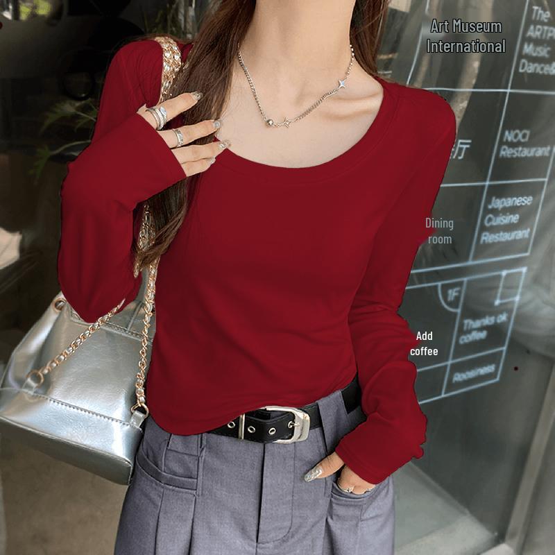 Women's Solid Color Raglan U-Neck Long Sleeve Slim Fit Base Layer Top for Spring and Autumn
