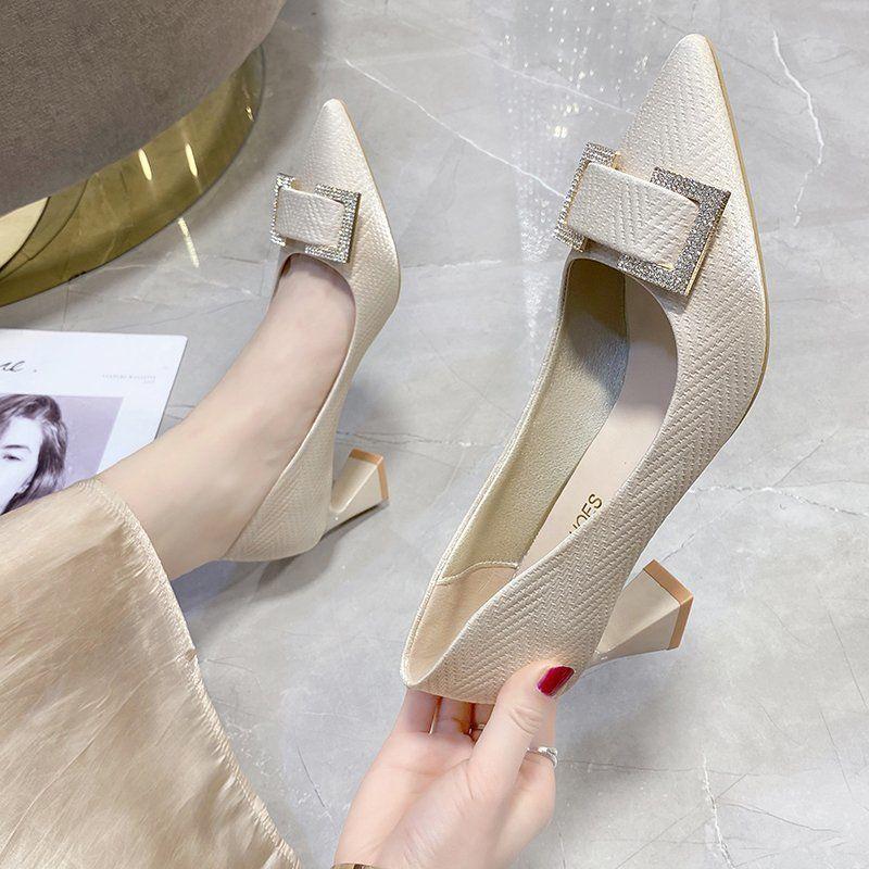 Women's Gentle High Heels Spring 2025 New Design Temperament Thick Heel Pointed Not Tired Feet Single Shoes Women's Summer