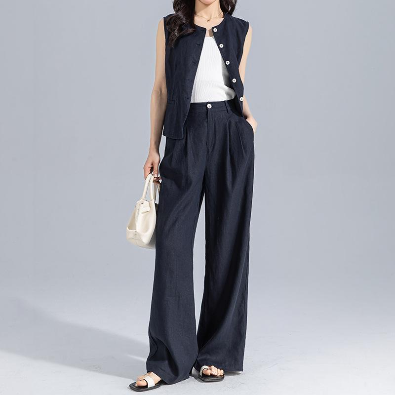 Women's Loose Fit Two Piece Pantsuit Sleeveless Vest High Rise Wide Leg Linen Matching Set