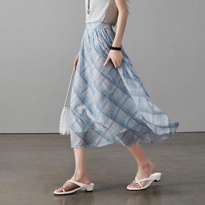 SOFSIL Women's High-Waist Plaid A-Line Midi Skirt