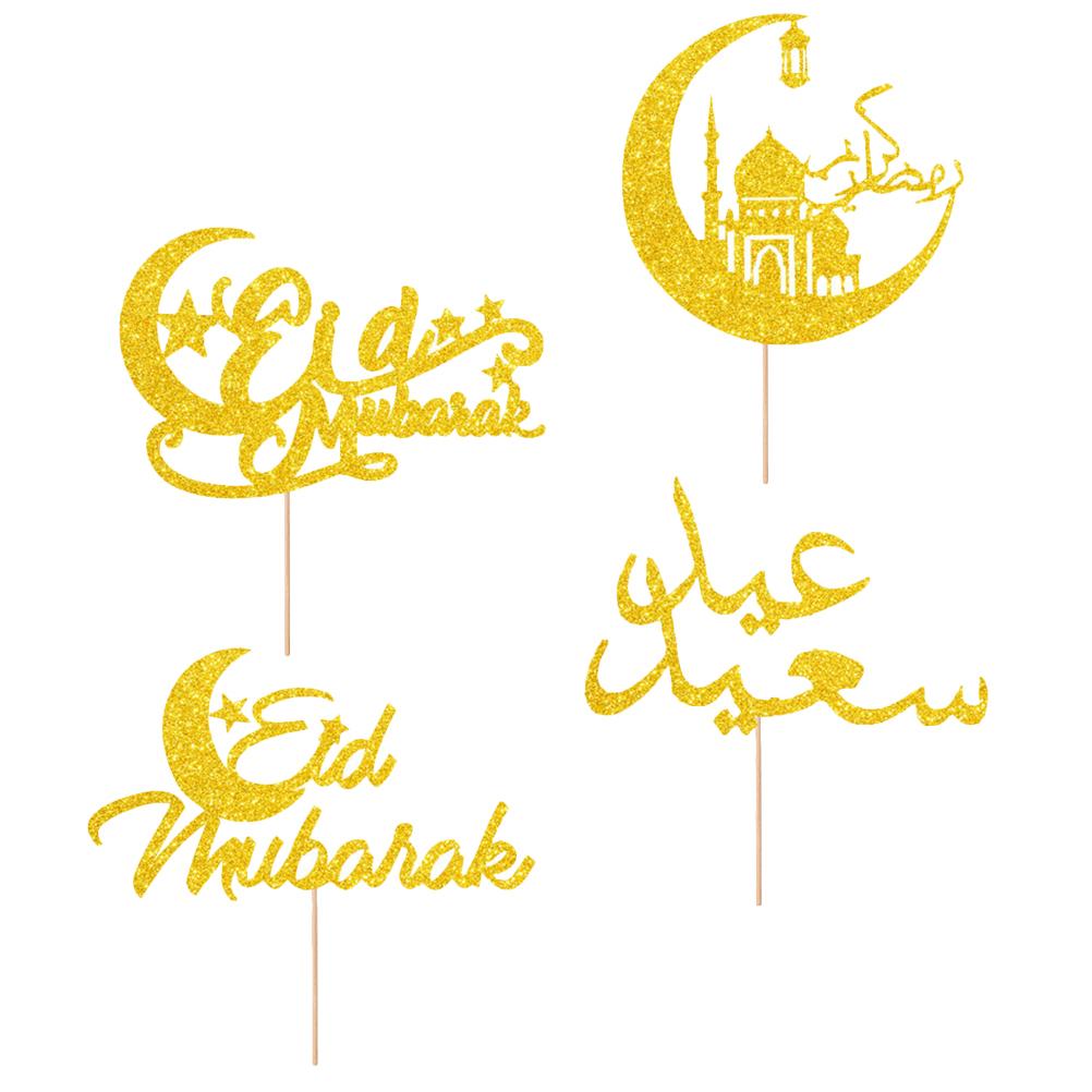 4 Pcs Card for Eid -Fitr Moon Cake Picks Toppers Insert Wooden Stick Decor Party Flags Dessert