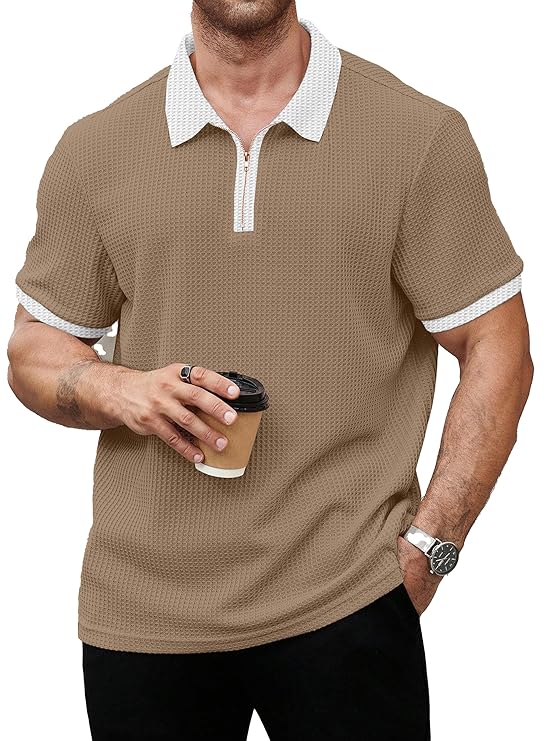 

Men s Waffle Knit Polo T-Shirt, Short Sleeve, Zip Collar with White Trim M