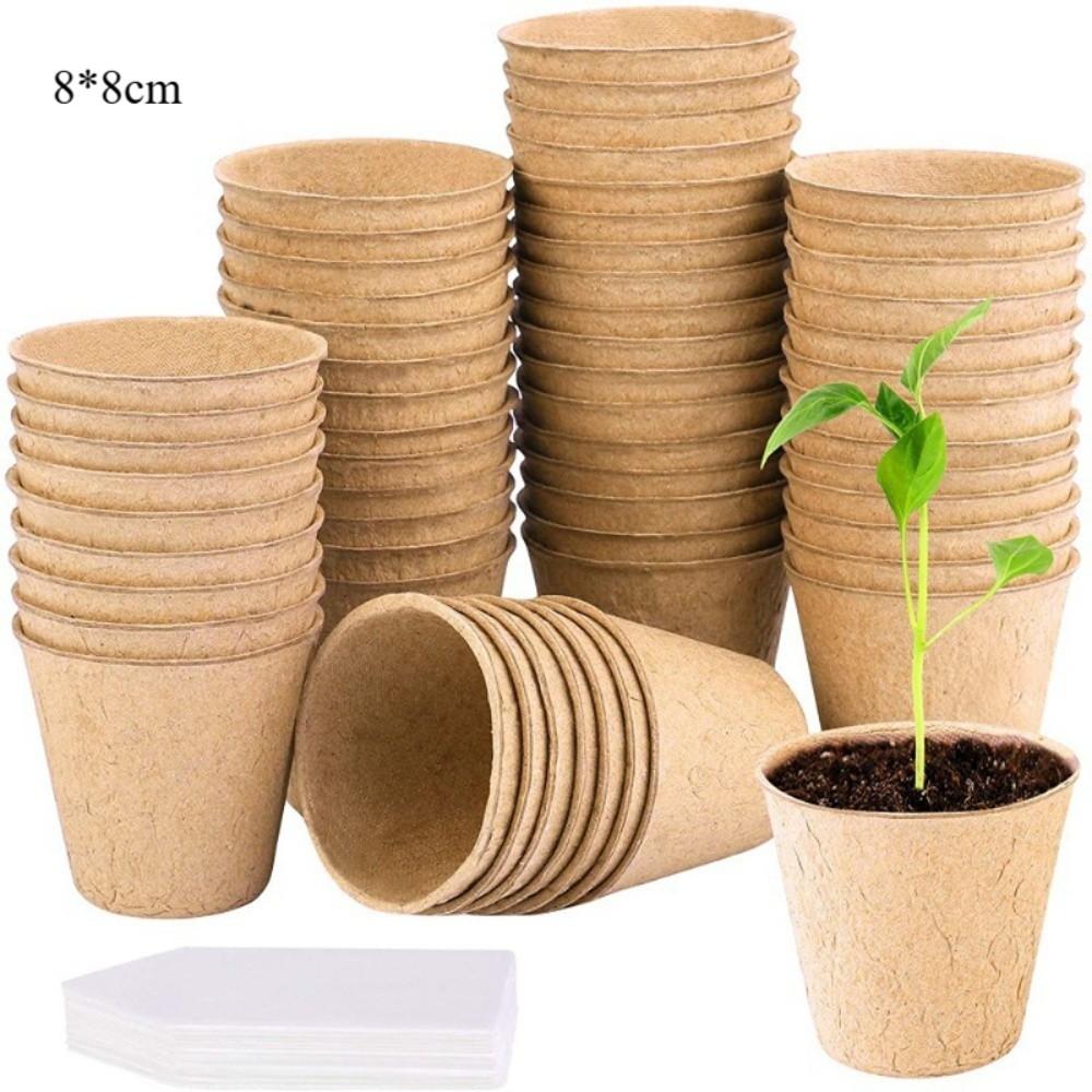 50PCS Biodegradable Plant Starter Pots with 50PCS Plant Labels Eco-Friendly Seed Starting Pots Organic Round Shape Peat Pots