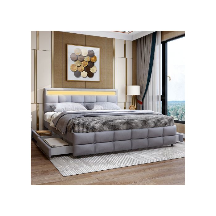 Lit double - MUVOE - 180 x 200 cm - Cadre de lit LED - 4 tiroirs - Gris moderne