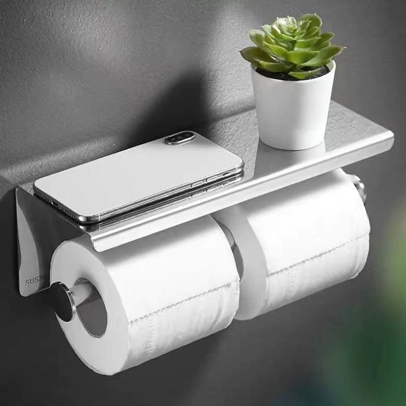 Soporte para papel higiénico de acero inoxidable, estante de pared para baño con repisa para móvil