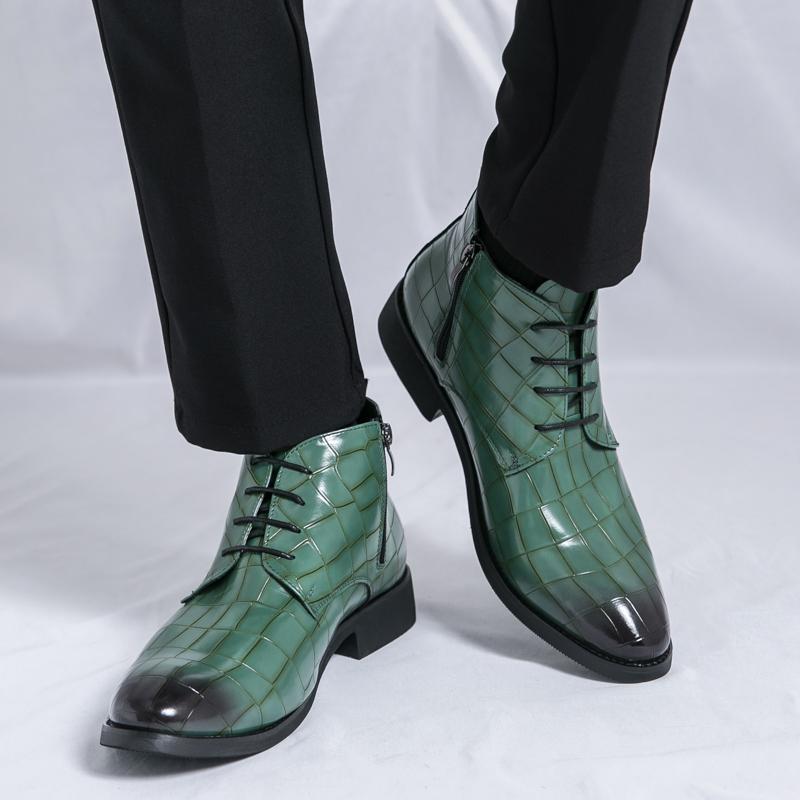 New Brand Designer Winter Pointed Alligator Pattern Leather Chelsea Ankle Boots For Men's Trend High Tops Shoes Zapatos Hombre