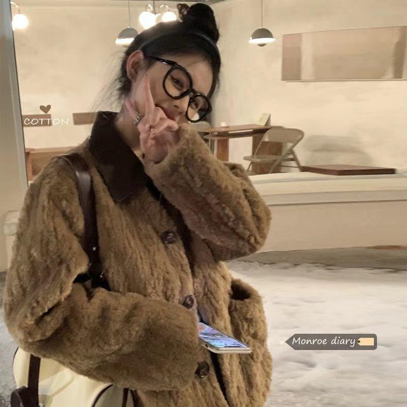 

Новое женское зимнее пальто из искусственного меха ягненка кофейного цвета, свободное утолщенное плюшевое пальто, хлопковая одежда «два в одном» XL