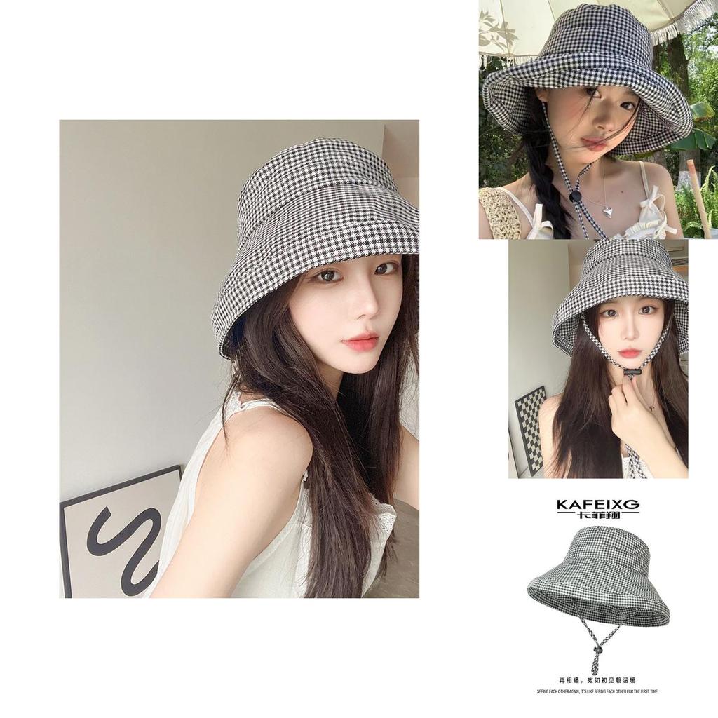 Fashionable Checkered Bucket Hat For Women Adjustable Size Uv Protection Summer Cap