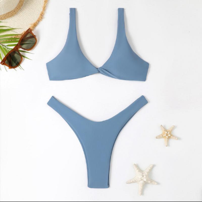 

Women s Light Blue Knotted Front V Neck High Cut Bikini Set S зелёный