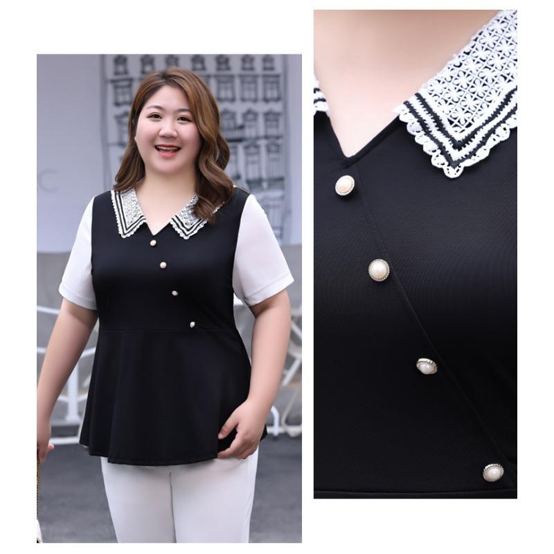 Plus Size Women's Summer New V Neck Waist Slimming Chiffon Short Sleeved Top