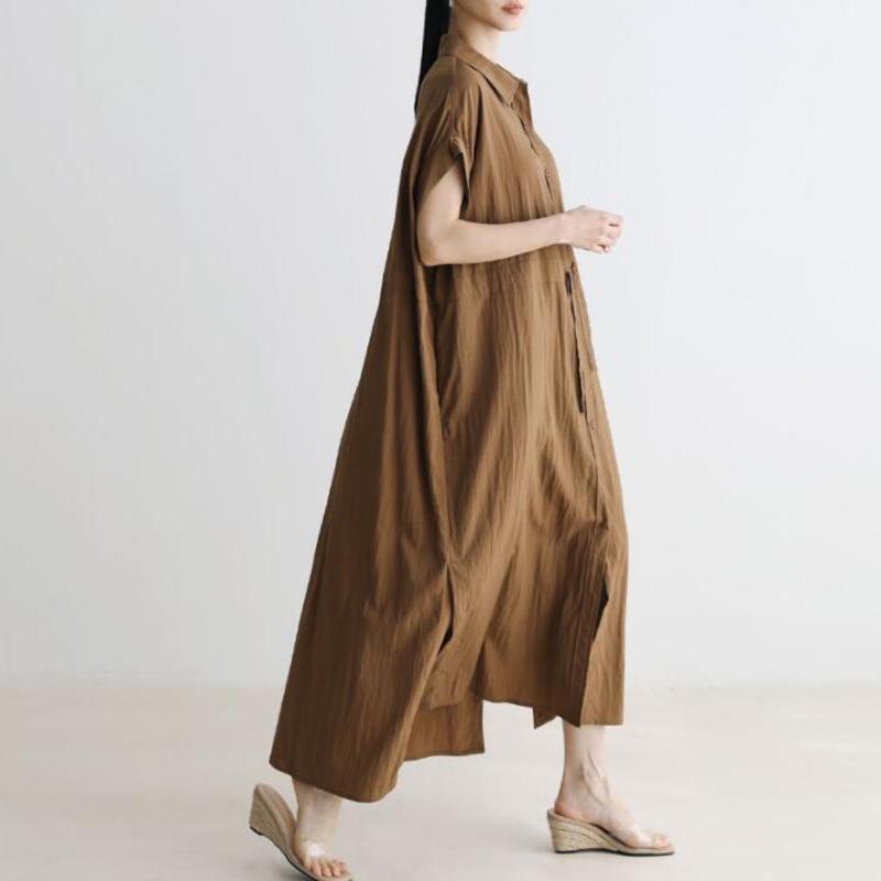 Johnature Short-sleeved Shirt Dress Women Korean Loose Drawstring Summer Casual Simple Turn-down Collar Loose Dresses