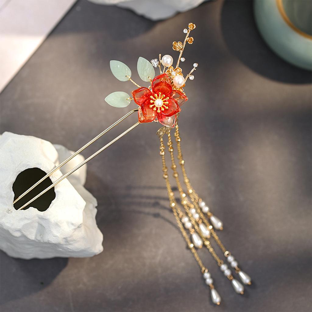 Retro Tassel Floral Hairpin For Girls Simulated Jade Flower Hair Sticks Noble Chinese Style Hairpin Metal Jewelry Hair Accessory