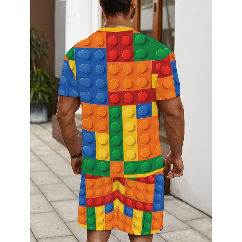Herren Sommer Freizeit Sportanzug, 3D-bedrucktes Rundhals-T-Shirt und Shorts, Mikroelastischer Strickstoff