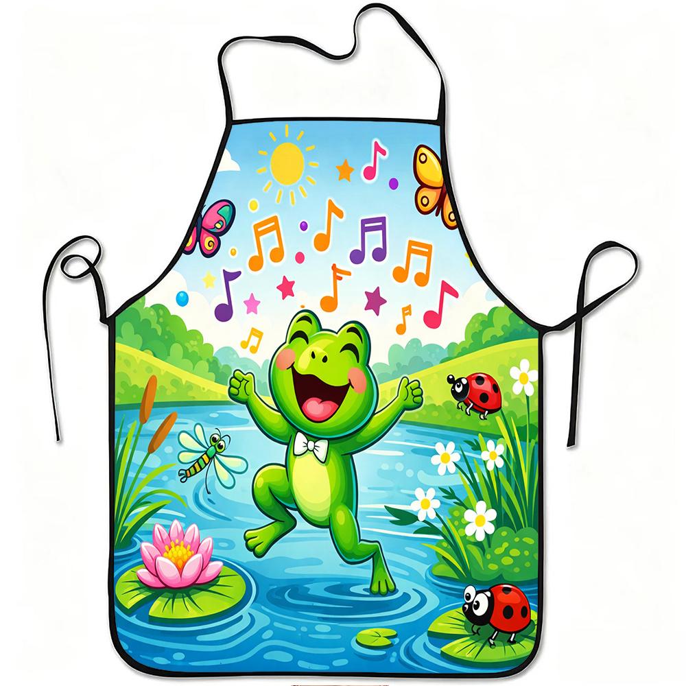 1pc Singing Frog And Nature Cartoon Print Apron, Durable And Easy to Clean, Adjustable Waistband, Polyester Material, for Kitchen Cooking, Gardening,