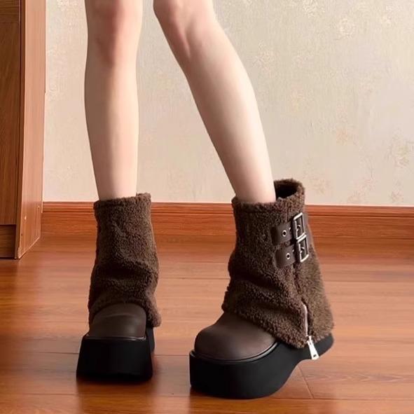 

Ботинки женские осень и зима 2025 новые популярные плюшевые термобрюки сапоги-трубы пушистые модные ботинки на толстой подошве с увеличением роста рыцарские сапоги 40