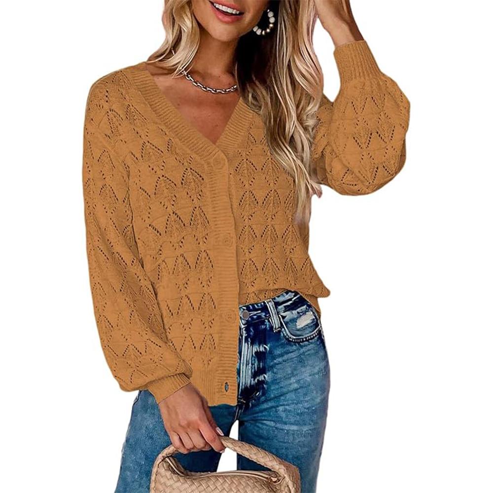 Dámský lehký háčkovaný zkrácený kardigan 2025 s výstřihem do V, dlouhým rukávem a bolerkem na knoflíky