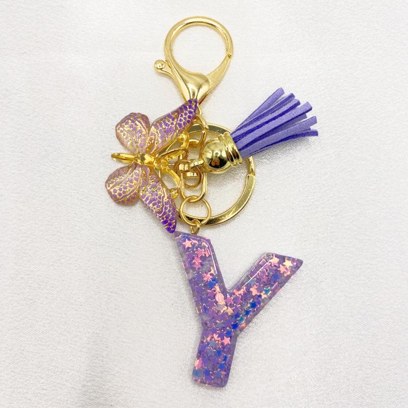26-Letter Alphabet Resin Keychain with Star Sequins & Tassel Charm