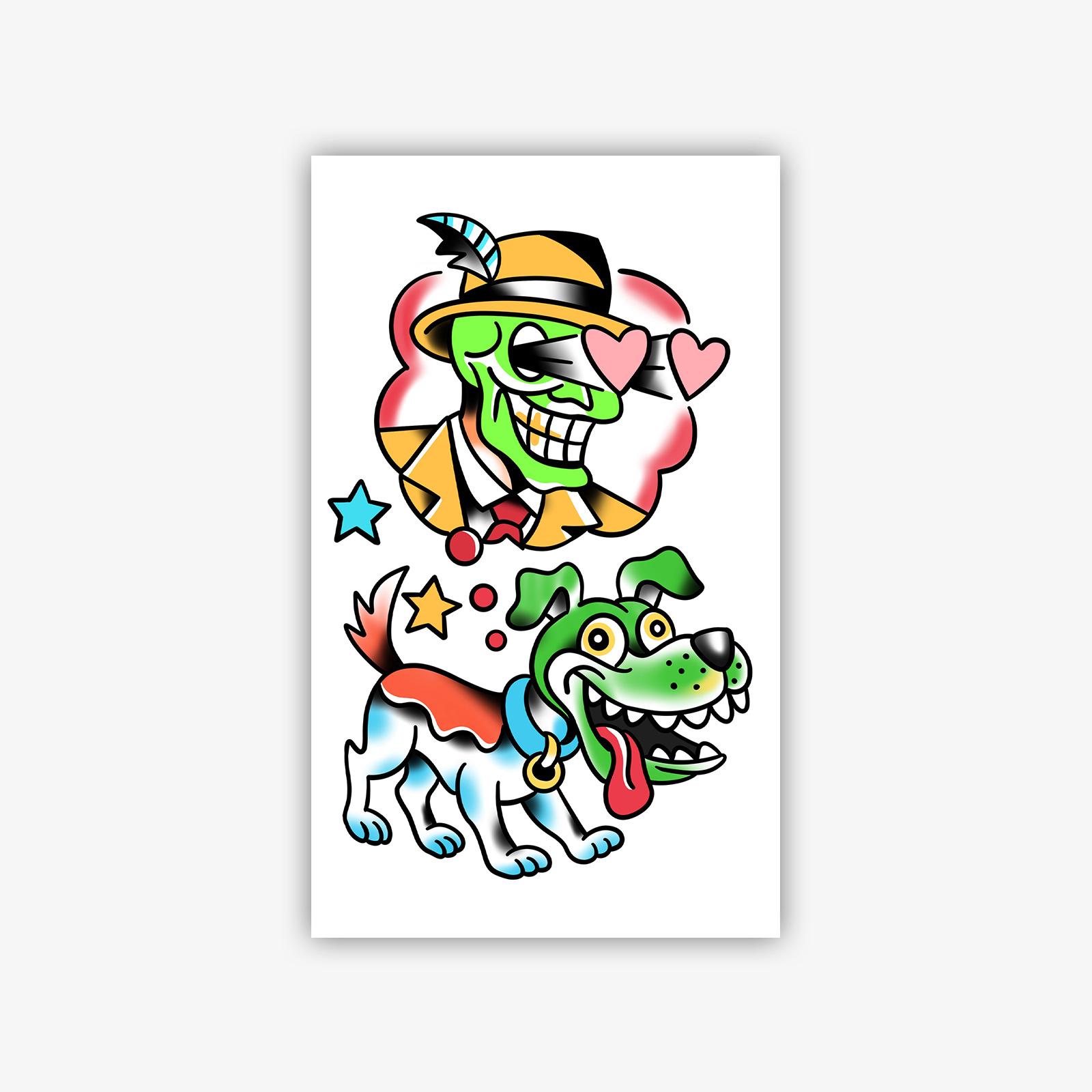 

American Old School Retro Cartoon Tattoo Sticker Funny Skeleton Puppy Waterproof Long-Lasting Thigh Big Pattern 11*18CM