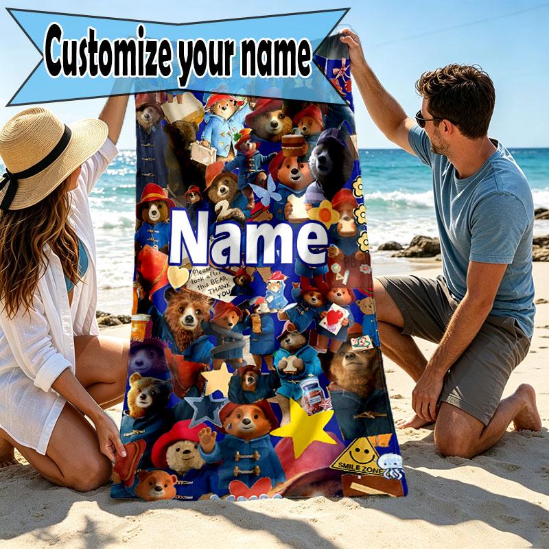 Custom Name Personalized Paddington Bear Print Beach Towel, for Trip Camping Beach Party Home Decor, Birthday Gift for Family & Friends