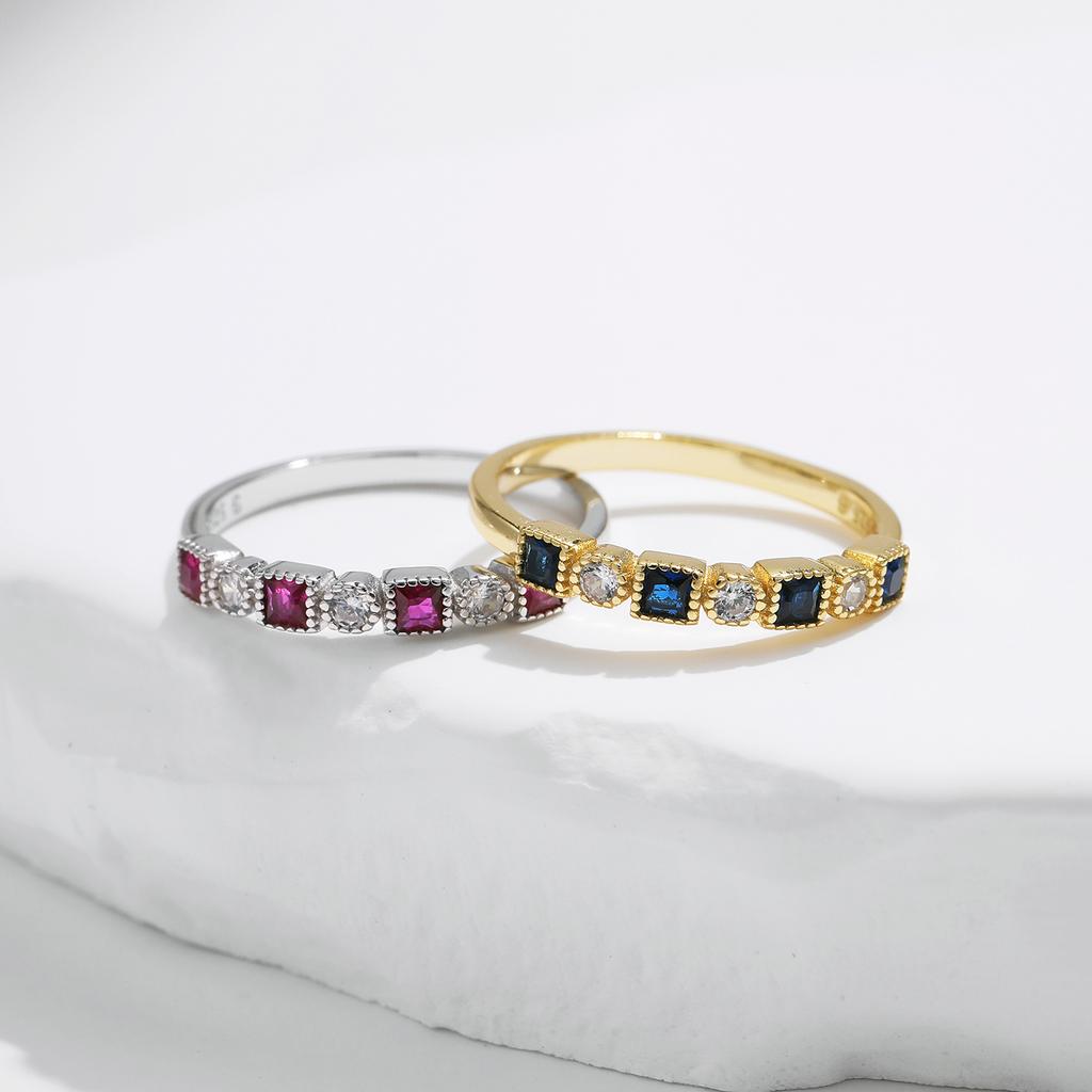 MODIAN 925 Silver Vintage Charm Square Red & Blue Cubic Zirconia Stackable Finger Ring For Women Party Fine Jewelry