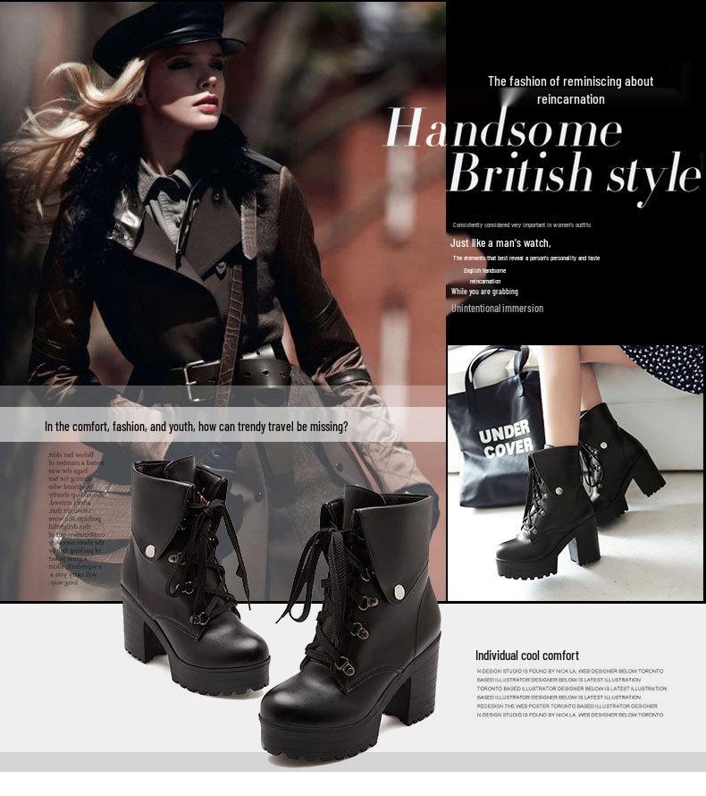 Women's Height-Boosting Martin Boots, Chunky Heel, Lace-Up, Waterproof, Thick-Sole Ankle Boots, Versatile High-Heeled Autumn/Winter Boots