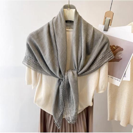 

100*100см Квадратные шарфы однотонные из смесового хлопка с кружевом 100*100cm серый