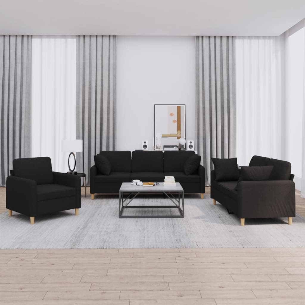 3 Piece Sofa Set with Cushions Black Fabric