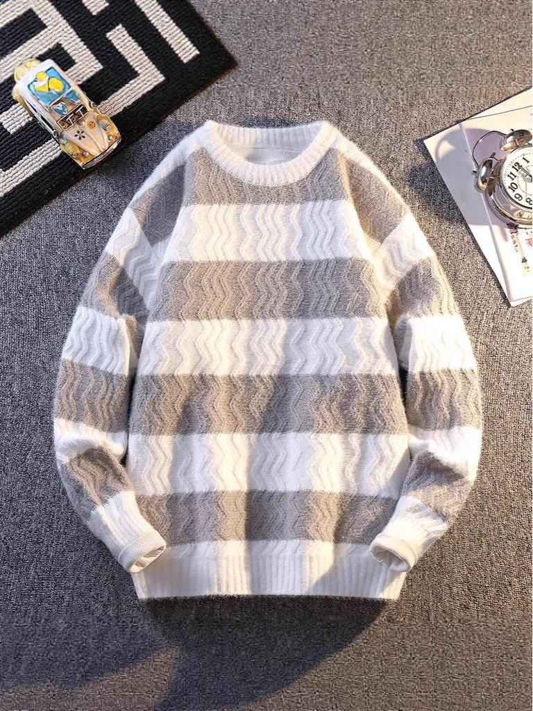 2025 Autumn/Winter Men's Korean Style Color Block Striped Loose Knit Sweater