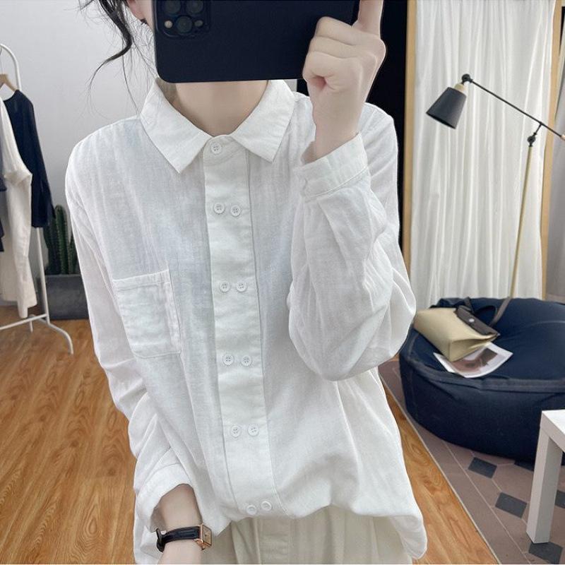 Spring Autumn Polo Collar Top Loose Design Shirt Double-breasted Cotton and Linen Long-sleeved Shirt for Women