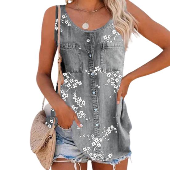 

Жіноча жилетка з круглим вирізом Одноколірна джинсова тканина Без рукавів Тонка джинсова блузка Вуличний одяг XL